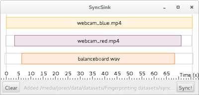 SyncSink Synchronize media files. A user-friendly interface to synchronize media and data files.  First a reference media-file is added using drag-and-drop. The audio steam of the reference is extracted and plotted on a timeline as the topmost box. Subsequently other media-files are added. The offsets with respect to the reference are calculated and plotted. CSV-files with timestamps and data recorded in sync with a stream can be attached to a respective audio stream. Finally, after pressing Sync!, the data and media files are modified to be exactly in sync with the reference.