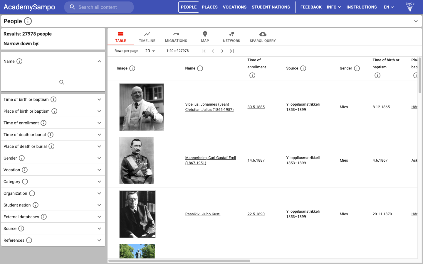 AcademySampo: People main perspective with search facets and table results