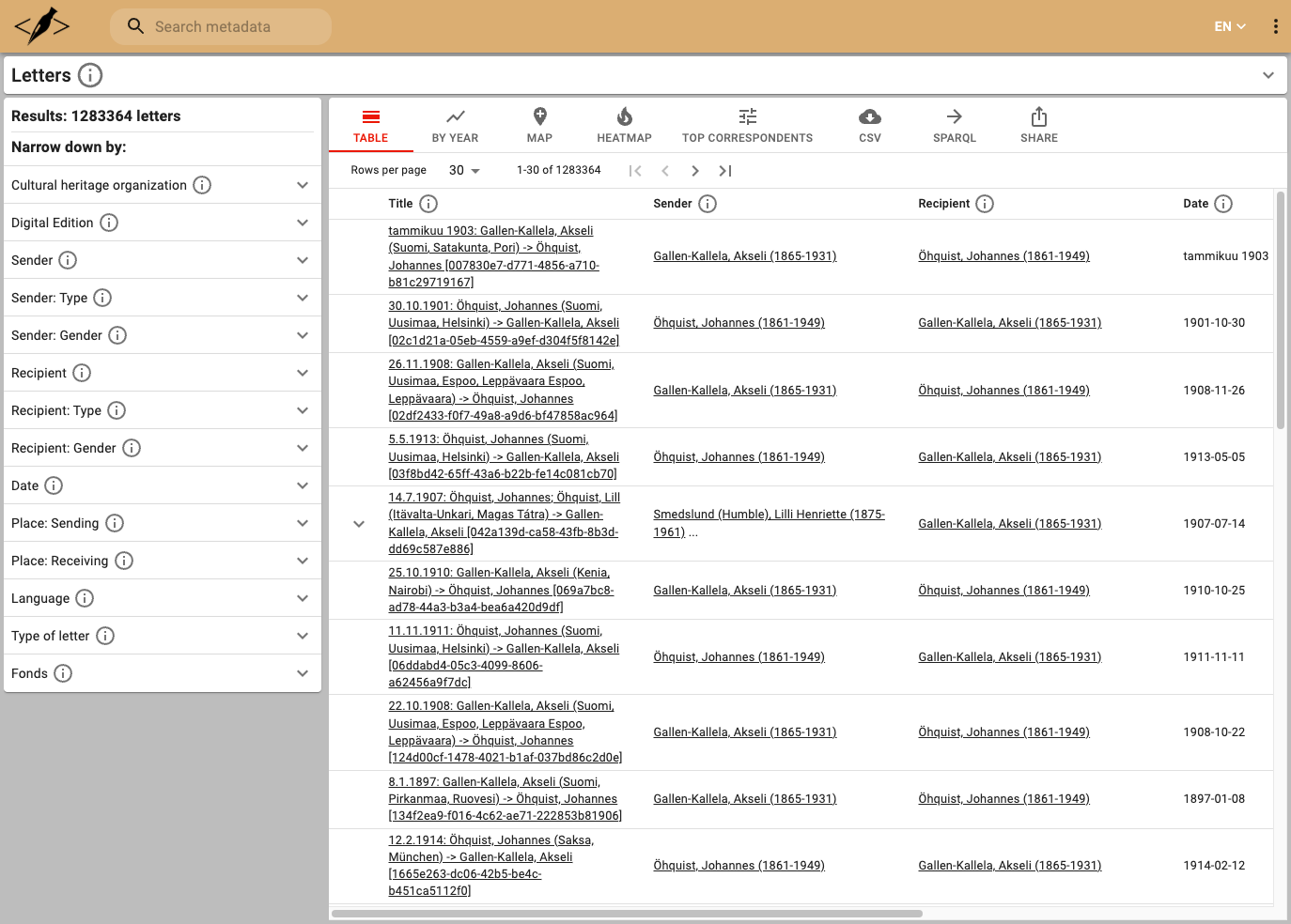 LetterSampo Finland: Letters main perspective with search facets and table results