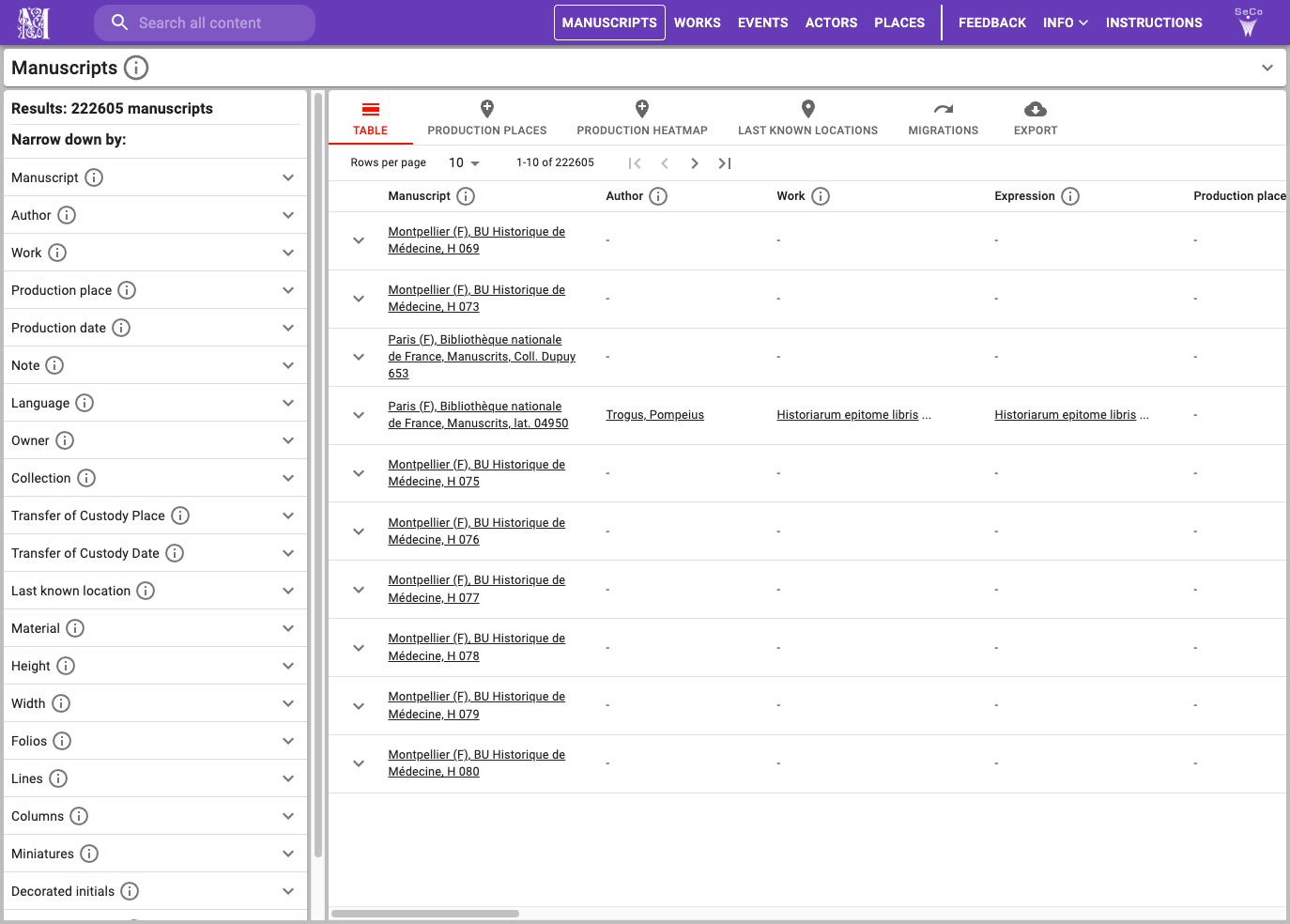 Mapping Manuscript Migrations: Manuscripts main perspective with search facets and table results