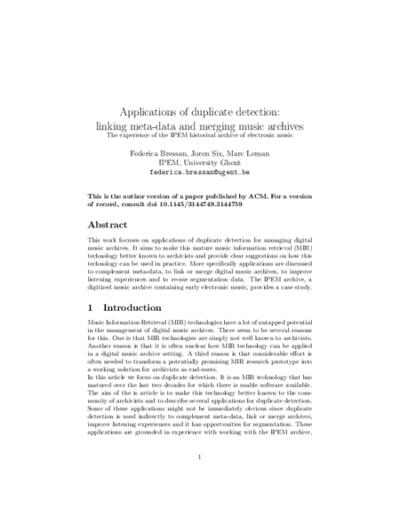 Download 'Applications of duplicate detection: linking meta-data and merging music archives – The experience of the IPEM historical archive of electronic music'