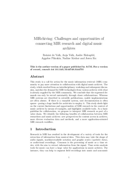 Download 'MIRchiving: Challenges and opportunities of connecting MIR research and digital music archives'