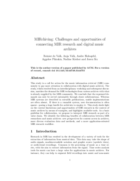 Download 'MIRchiving: Challenges and opportunities of connecting MIR research and digital music archives'