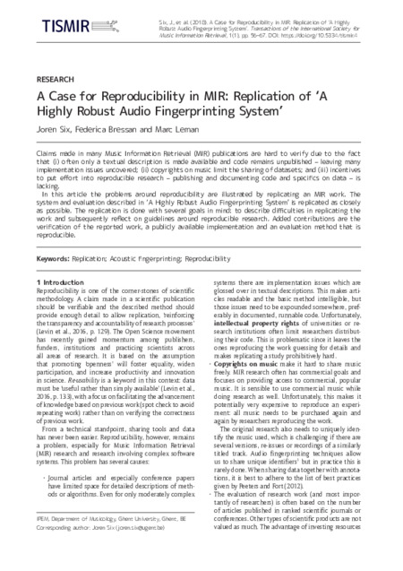 Download 'A Case for Reproducibility in MIR: Replication of ‘A Highly Robust Audio Fingerprinting System’'