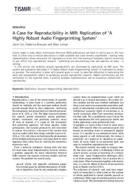 Download 'A Case for Reproducibility in MIR: Replication of ‘A Highly Robust Audio Fingerprinting System’'