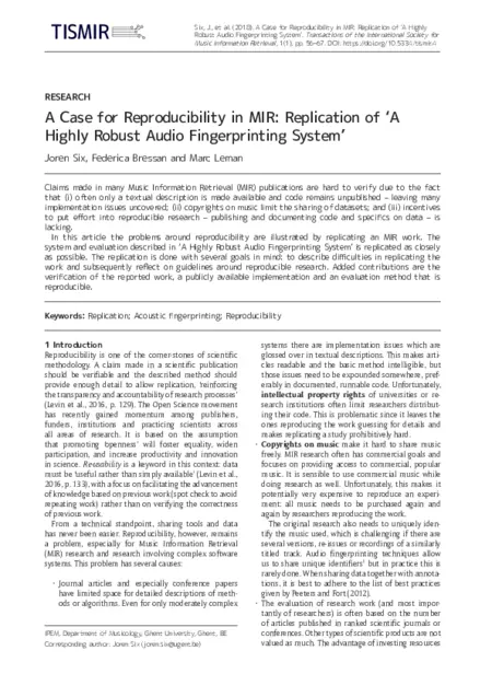 Download 'A Case for Reproducibility in MIR: Replication of  ‘A Highly Robust Audio Fingerprinting System’'