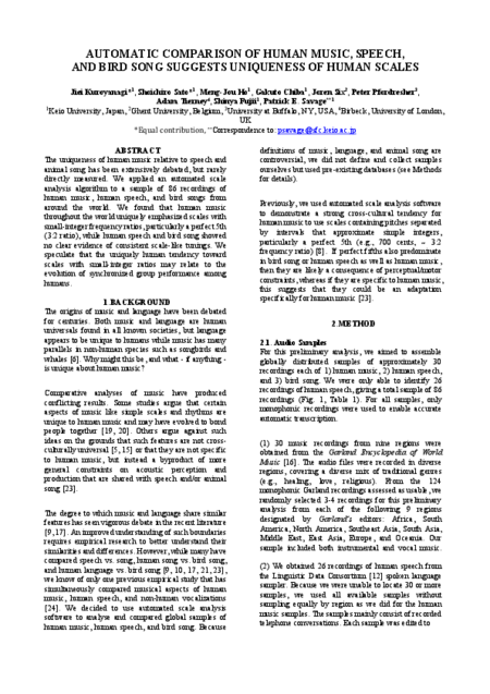 Download 'Automatic comparison of human music, speech, and bird song suggests uniqueness of human scales'