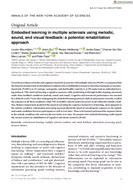 Download 'Embodied learning in multiple sclerosis using melodic, sound, and visual feedback : a potential rehabilitation approach.'