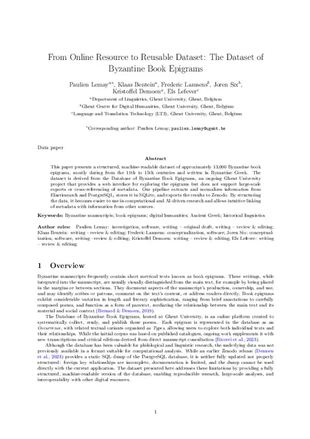 First page of From Online Resource to Reusable Dataset: The Dataset of Byzantine Book Epigrams