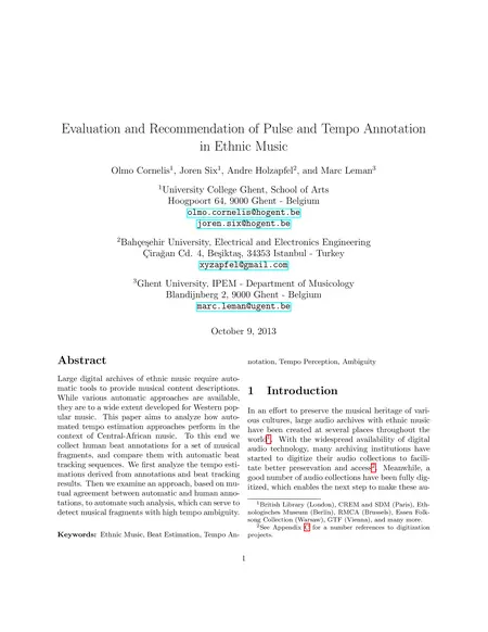 First page of Evaluation and Recommendation of Pulse and Tempo Annotation in Ethnic Music