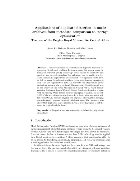 First page of Applications of Duplicate Detection in Music Archives: from Metadata Comparison to Storage Optimisation