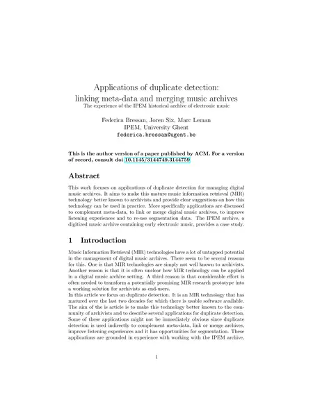First page of Applications of duplicate detection: linking meta-data and merging music archives – The experience of the IPEM historical archive of electronic music