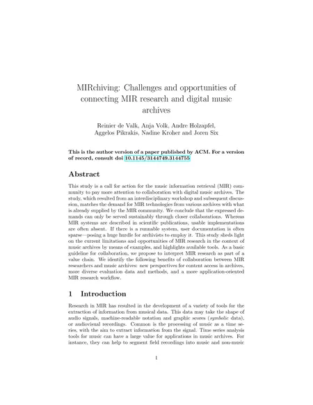 First page of MIRchiving: Challenges and opportunities of connecting MIR research and digital music archives