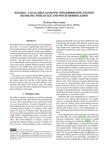 First page of Panako – A Scalable Acoustic Fingerprinting System Handling Time-Scale and Pitch Modification