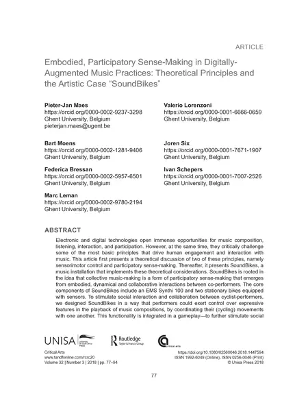 First page of Embodied, Participatory Sense-Making in Digitally-Augmented Music Practices: Theoretical Principles and the Artistic Case “SoundBikes”
