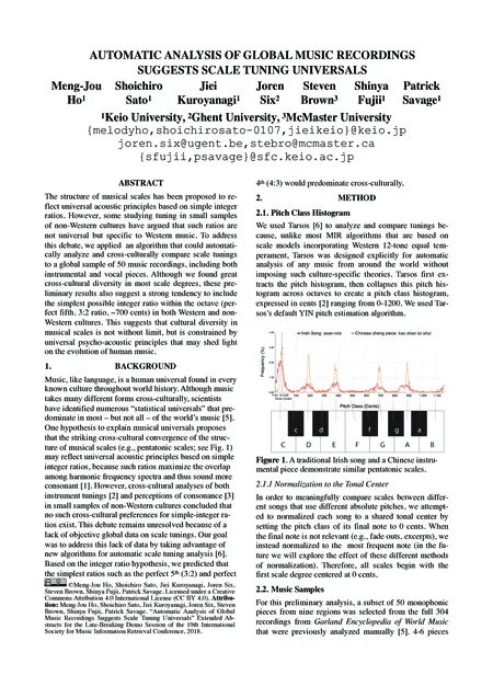 First page of Automatic analysis of global music recordings suggests scale tuning universals