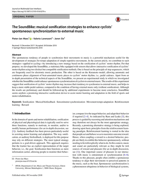 First page of The SoundBike: musical sonification strategies to enhance cyclists’ spontaneous synchronization to external music