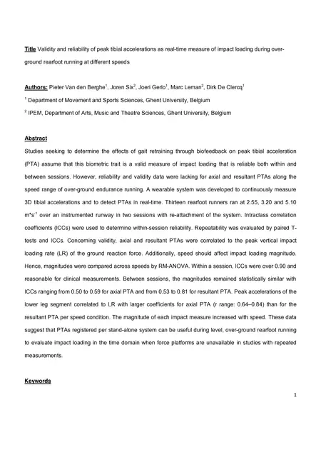 First page of Validity and reliability of peak tibial accelerations as real-time measure of impact loading during over-ground rearfoot running at different speeds
