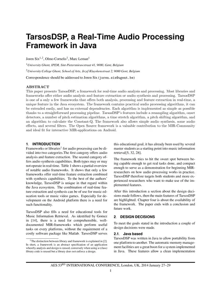 First page of TarsosDSP, a Real-Time Audio Processing Framework in Java