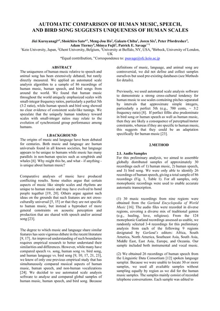 First page of Automatic comparison of human music, speech, and bird song suggests uniqueness of human scales