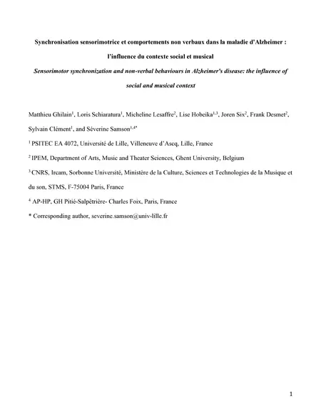 First page of Synchronisation sensorimotrice et comportements non verbaux dans la maladie d’Alzheimer : l’influence du contexte social et musical