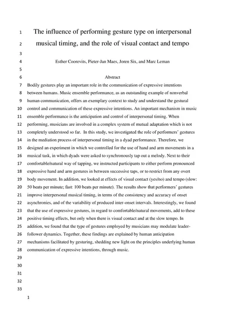 First page of The influence of performing gesture type on interpersonal musical timing, and the role of visual contact and tempo