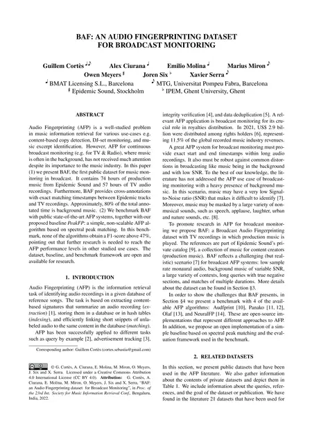 First page of BAF: an audio fingerprinting dataset for broadcast monitoring