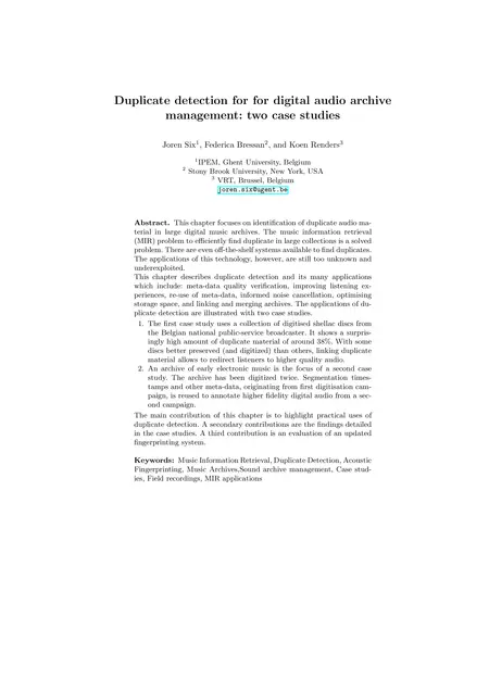 First page of Duplicate detection for for digital audio archive management: two case studies