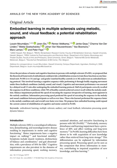 First page of Embodied learning in multiple sclerosis using melodic, sound, and visual feedback : a potential rehabilitation approach.