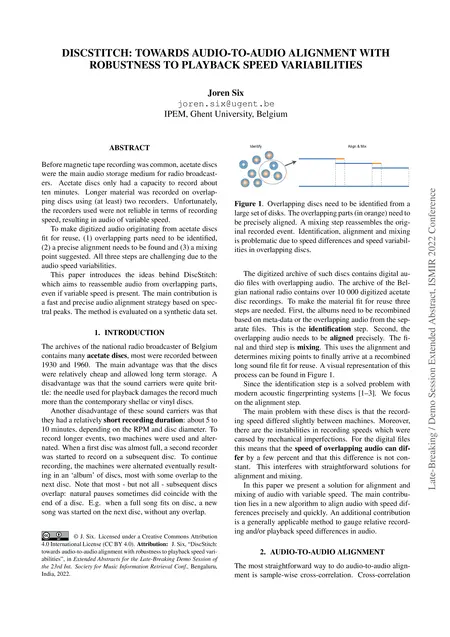 First page of DiscStitch: towards audio-to-audio alignment with robustness to playback speed variabilities