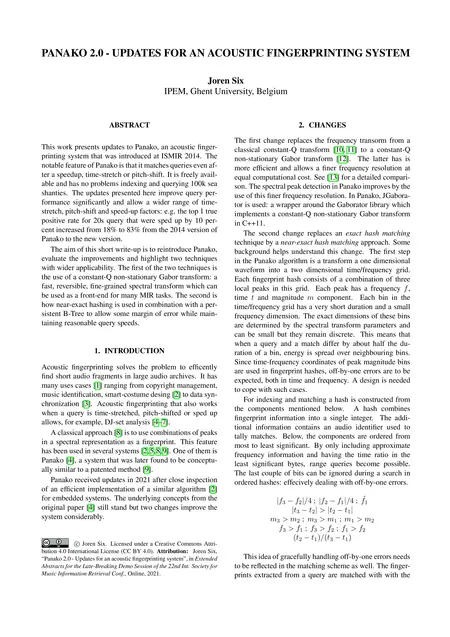 First page of Panako 2.0 : updates for an acoustic fingerprinting system