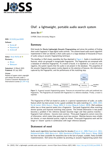 First page of Olaf: a lightweight, portable audio search system