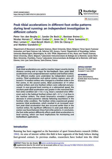 First page of Peak tibial accelerations in different foot strike patterns during level running: an independent investigation in different cohorts