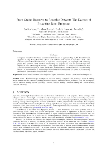 First page of From Online Resource to Reusable Dataset: The Dataset of Byzantine Book Epigrams