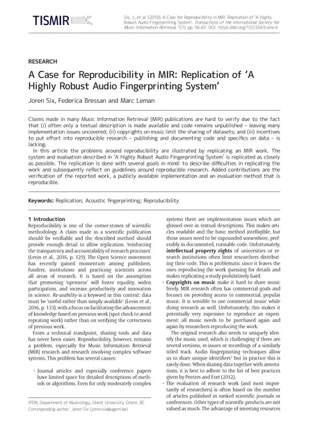 First page of A Case for Reproducibility in MIR: Replication of  ‘A Highly Robust Audio Fingerprinting System’