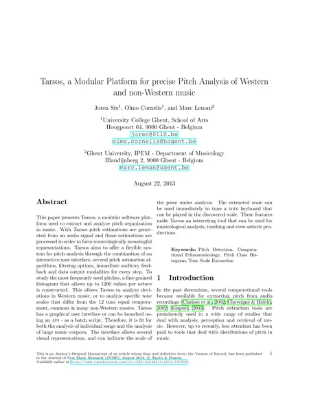 First page of Tarsos, a modular platform for precise pitch analysis of western and non-western music